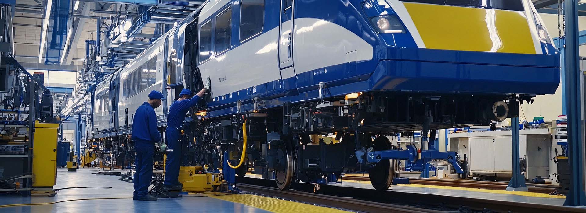 Technicians working on a train in a maintenance facility